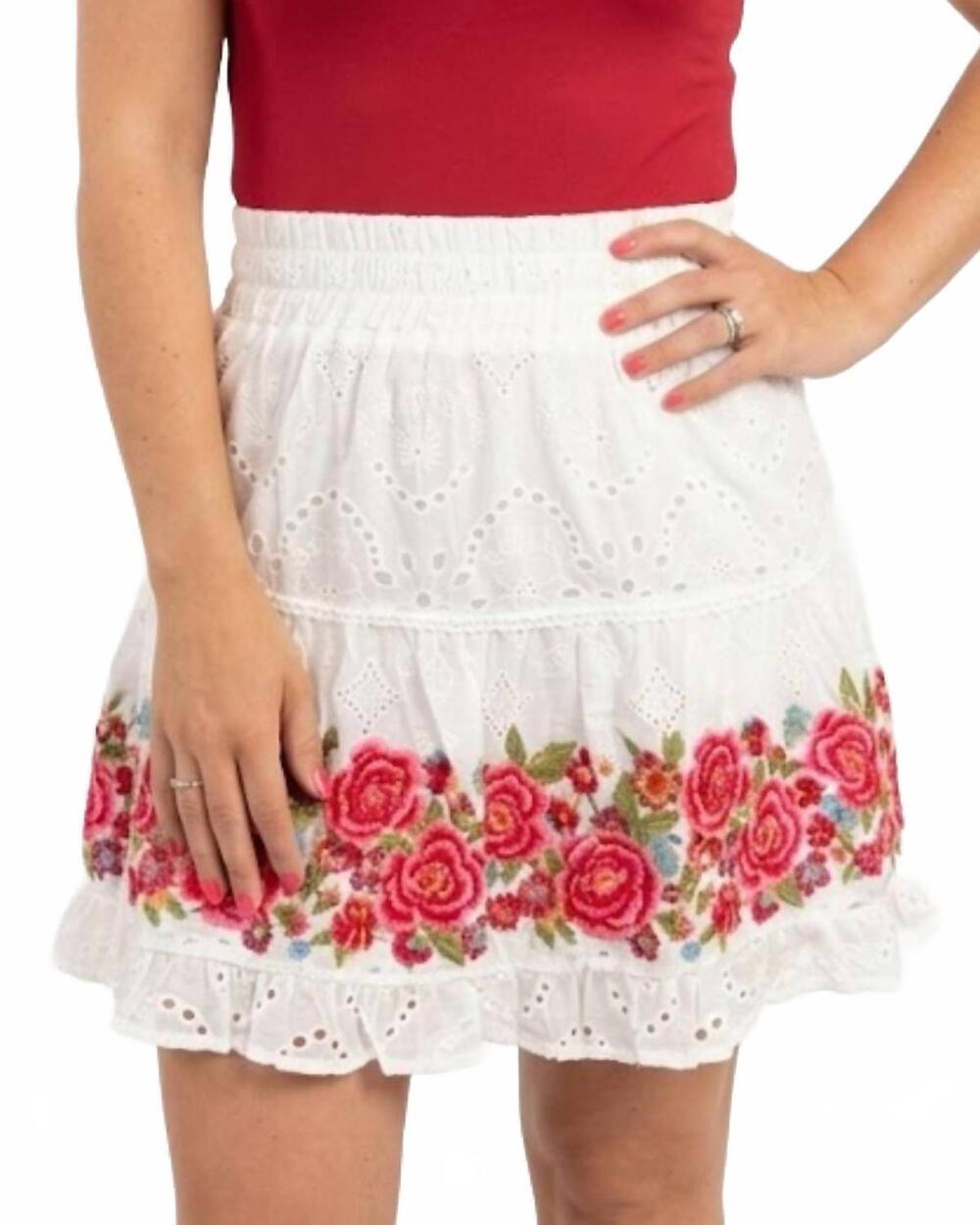 NEW SAVANNA JANE floral embroidered skirt in white